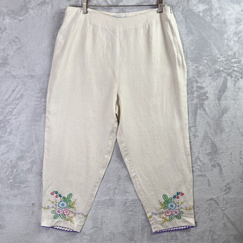 Mark, Fore & Strike Linen Pants Women's 12 Cream Embroidered Hems Floral Spring